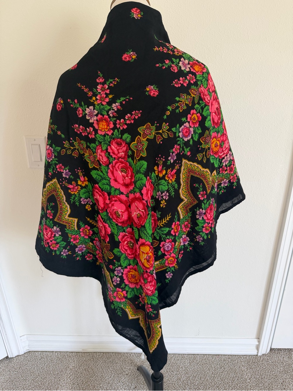 Black Floral Shawl/Scarf with Pink Rose Print - Picture 4 of 5
